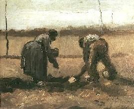 Vincent Van Gogh Peasant and Peasant Woman Planting Potatoes. Nuenen